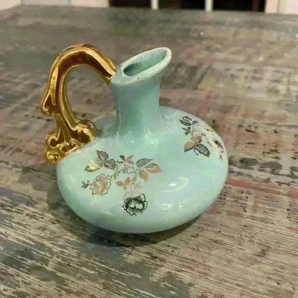 Hand Painted ceramic pottery vase, gold handle, blue color